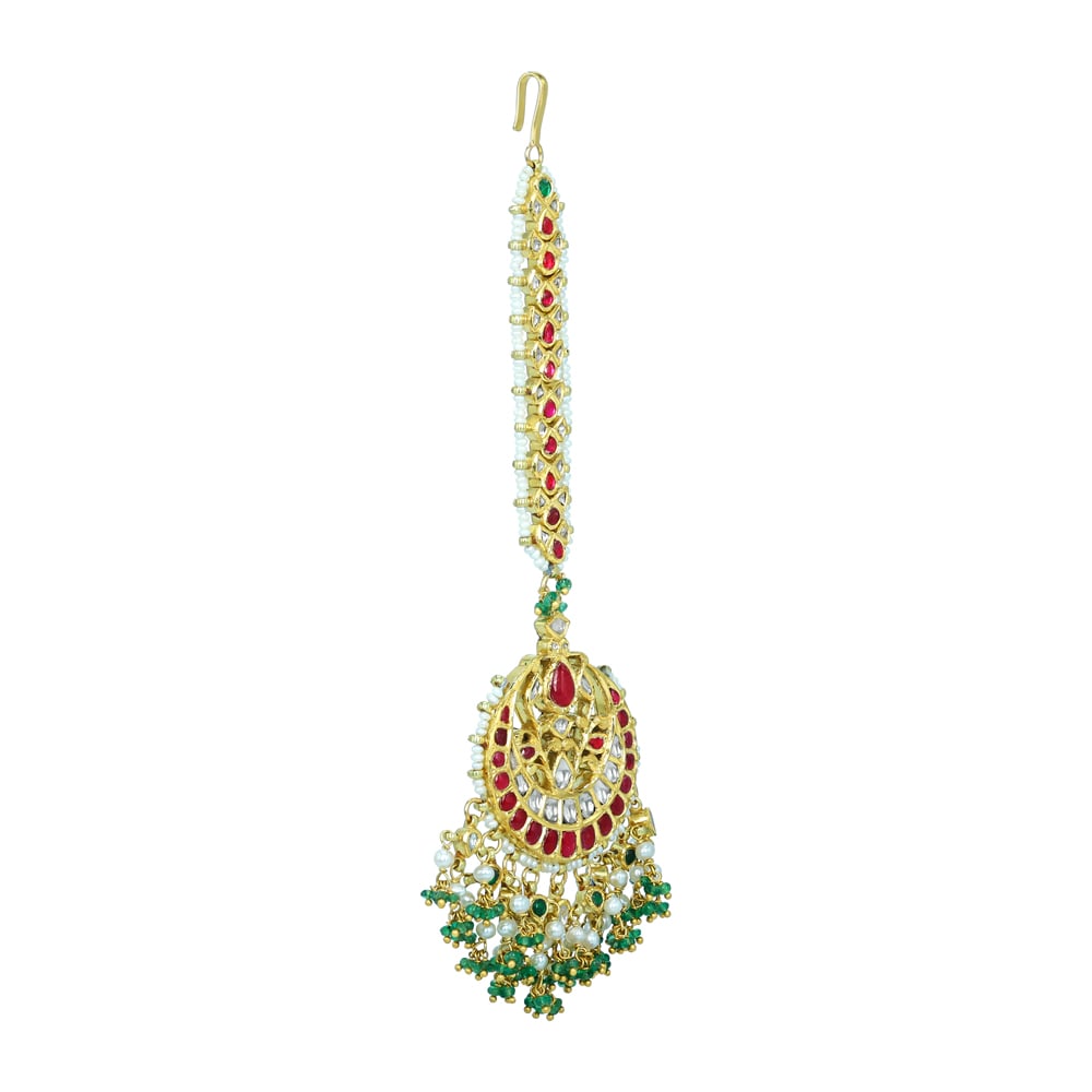 Red and Green Gemstone Mangtikka with Pearl Strands and Drops